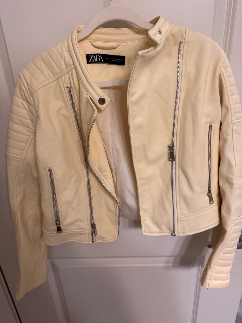 ZARA Pale Cream Faux Leather Moto Jacket with Silver Hardware